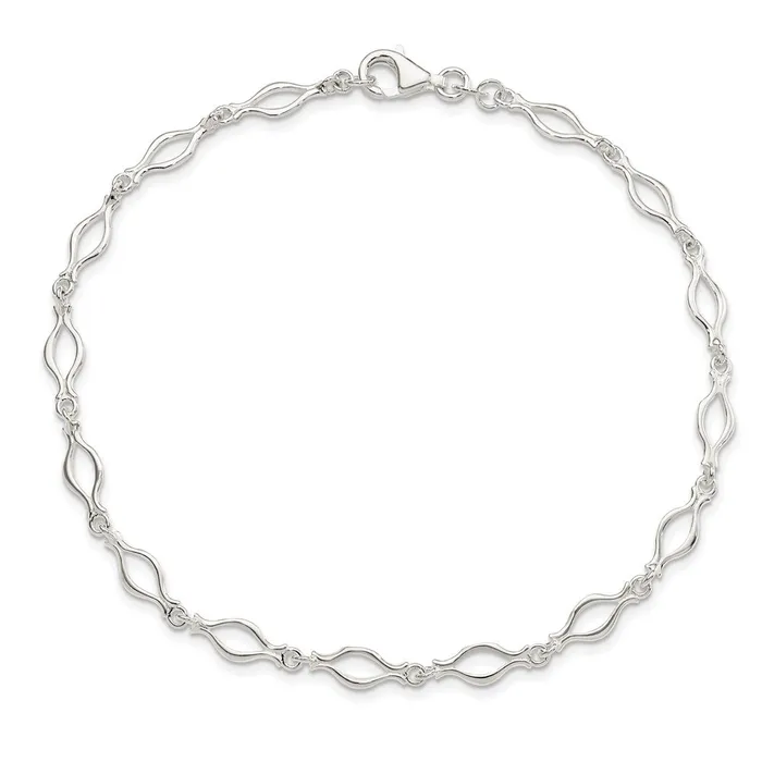 TreasureFineJewelers Sterling Silver 9inch Solid Polished Fancy Link Anklet Rings