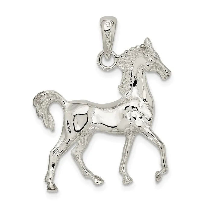 TreasureFineJewelers Sterling Silver Polished 3D Standing Horse Pendant Necklaces