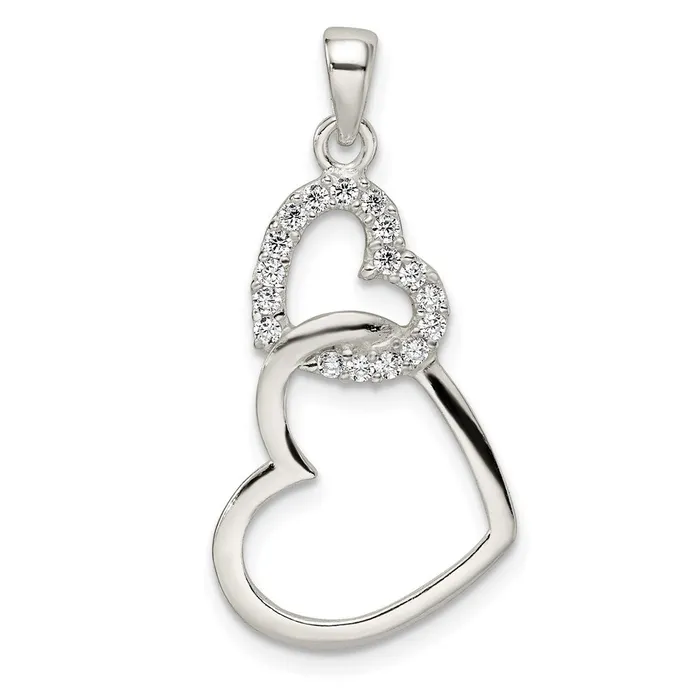 TreasureFineJewelers Sterling Silver Polished CZ Double Heart Pendant Necklaces TreasureFineJewelers Sterling Silver Polished CZ Double Heart Pendant Necklaces