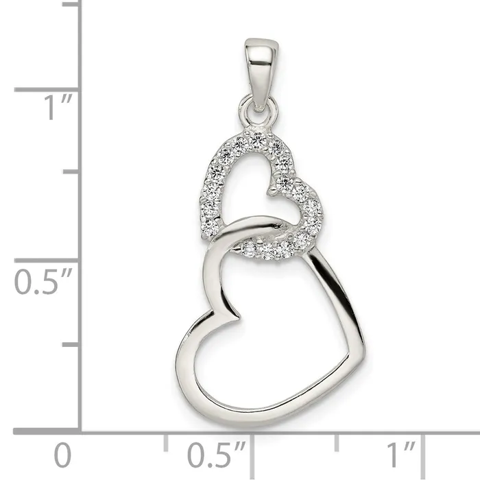 TreasureFineJewelers Sterling Silver Polished CZ Double Heart Pendant Necklaces