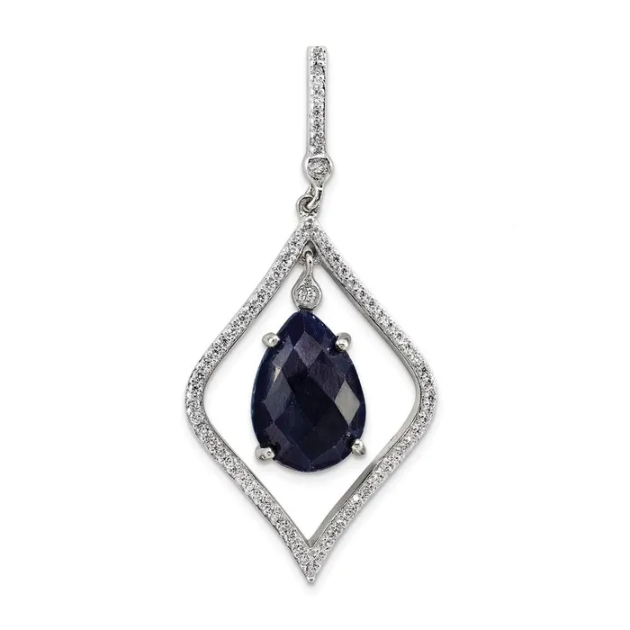 TreasureFineJewelers Sterling Silver with Blue Corundum and CZ Pendant Necklaces TreasureFineJewelers Sterling Silver with Blue Corundum and CZ Pendant Necklaces
