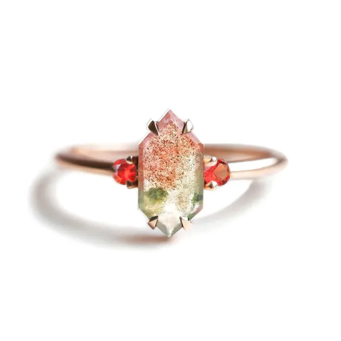 Trendolla 18K Gold Diamond Moss Agate And Red CZ Diamond Ring Set Trendolla Jewelry Rings