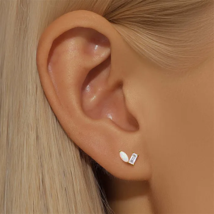 Trendolla Jewelry Earrings 925 Silver Square CZ Diamond And Opal Ball Back Earrings