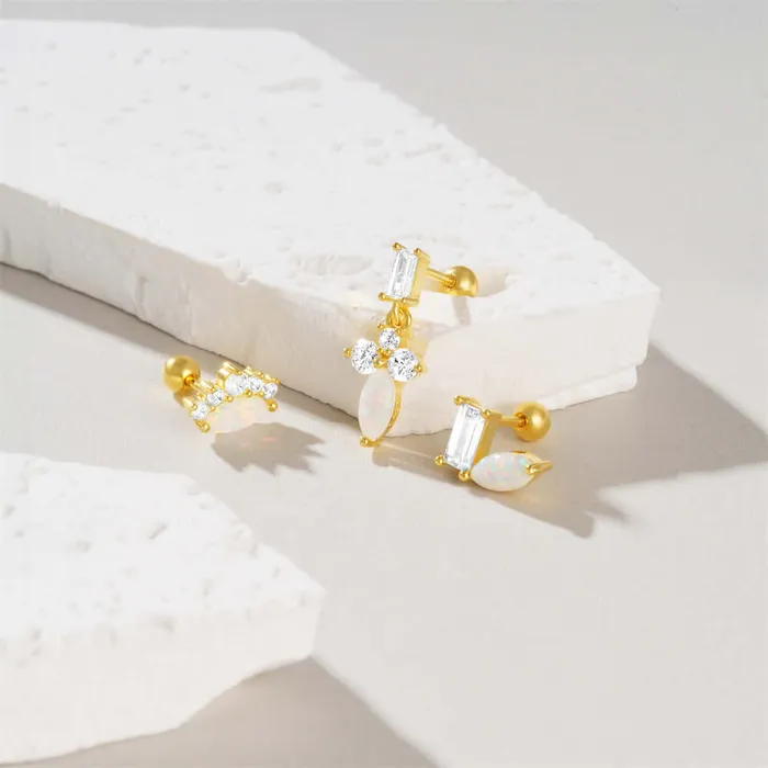 Trendolla Jewelry Earrings 925 Silver Square CZ Diamond And Opal Ball Back Earrings